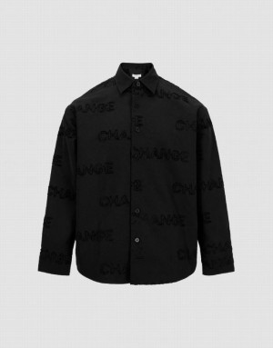 Urban Revivo Letter Printed Button Up Oversized Men's Shirts Black | JGOTDQF-28