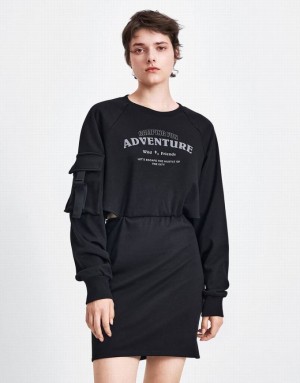 Urban Revivo Letter Printed Crew Neck A-Line Women's Dress Black | FNDSXCH-75