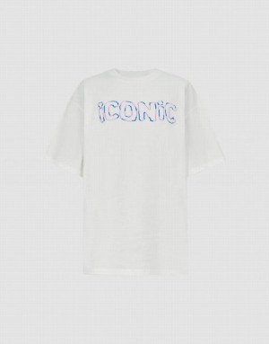 Urban Revivo Letter Printed Crew Neck Loose Women's T-Shirts White | YFXKWTN-10