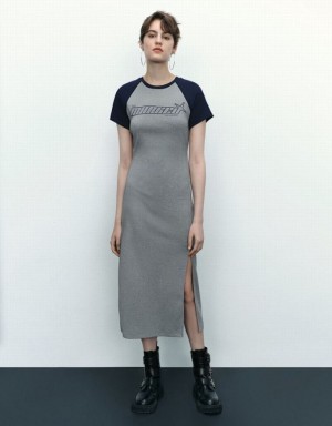 Urban Revivo Letter Printed Crew Neck Straight Women's Dress Grey | WAZVENP-43