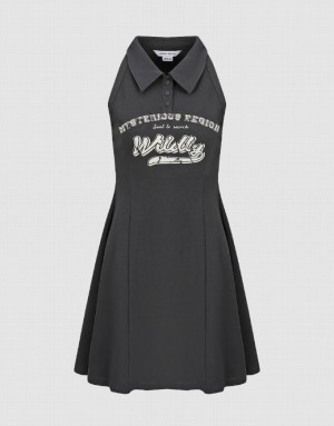 Urban Revivo Letter Printed Sleeveless A-Line Women's Dress Grey | FDVSICA-91