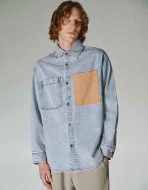 Urban Revivo Loose Denim Men's Shirts Blue | ILWPVDE-92