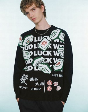 Urban Revivo Mahjong Embroidered Men's Sweaters Black | AKQFEUH-62