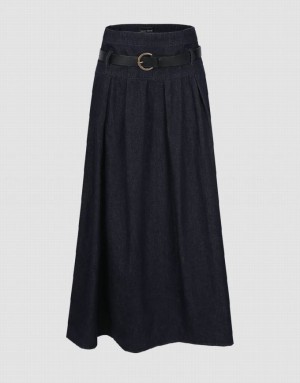 Urban Revivo Midi A-Line With Belt Women's Denim Skirt Blue | NYHRDIZ-67