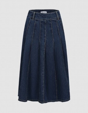 Urban Revivo Midi A-Line With Belt Women's Denim Skirt Blue | WJNEMZH-83