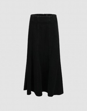 Urban Revivo Midi A-Line Women's Denim Skirt Black | HOWCQFT-56