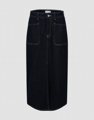 Urban Revivo Midi Straight Women's Denim Skirt Blue | VSHUZKN-36