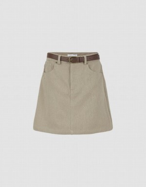 Urban Revivo Mini A-Line With Belt Women's Denim Skirt Khaki | ABROVZF-07