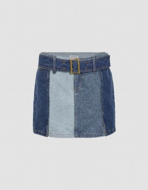 Urban Revivo Mini A-Line With Belt Women's Denim Skirt Blue | PSVOWUI-01