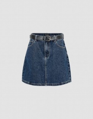 Urban Revivo Mini A-Line With Belt Women's Denim Skirt Blue | INPQALE-54