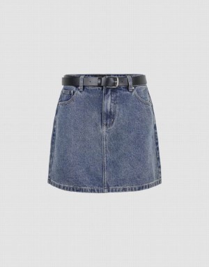 Urban Revivo Mini A-Line With Belt Women's Denim Skirt Blue | CFBDANW-92