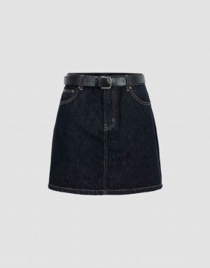 Urban Revivo Mini A-Line With Belt Women's Denim Skirt Blue | AOEMXBQ-72