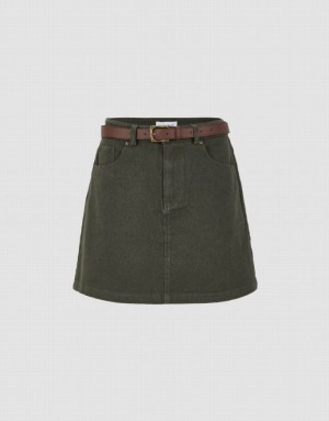 Urban Revivo Mini A-Line With Belt Women's Denim Skirt Green | RQIMKGT-16