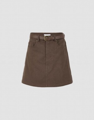 Urban Revivo Mini A-Line With Belt Women's Denim Skirt Coffee | LIOTFAK-01