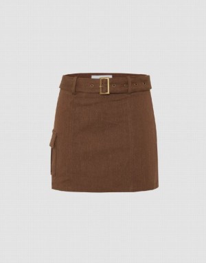 Urban Revivo Mini Straight Knitted With Belt Women's Skirts Brown | BMWJKED-78