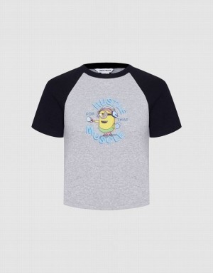 Urban Revivo Minions Raglan Women's T-Shirts Grey | UQFCKJR-70