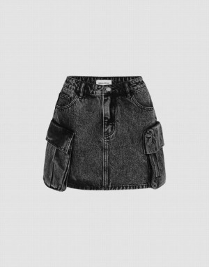 Urban Revivo Multi-Pocket Mini Straight Women's Denim Skirt Black | RNBTFIH-03