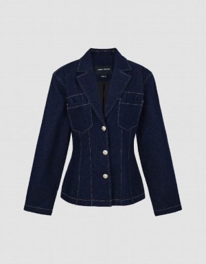 Urban Revivo Notch Lapel Denim Women's Shirts Blue | SITLHRV-90