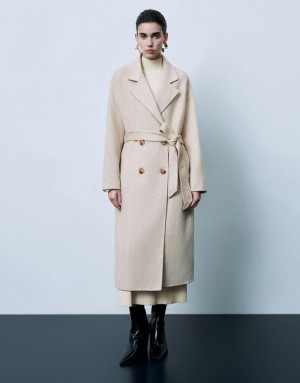 Urban Revivo Notch Lapel Double Breasted Longline Women's Coats Khaki | PDKBJEH-94