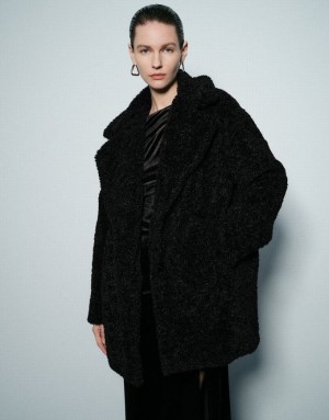 Urban Revivo Notch Lapel Longline Furry Women's Coats Black | CEMVHRL-19