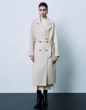 Urban Revivo Notch Lapel Straight Longline Women's Coats Khaki | FTOZSPN-41