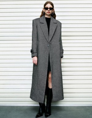 Urban Revivo Notch Lapel Straight Woolen Women's Coats Dark Grey | VQGEKCH-46