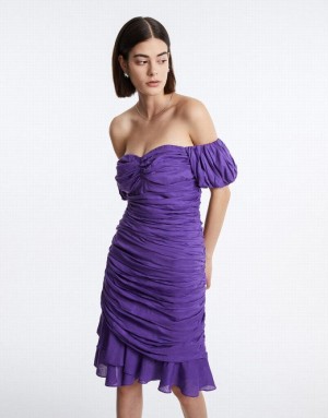 Urban Revivo Off Shoulder Ruched Ruffle Hem Women's Casual Dress Purple | PHBKMJE-85