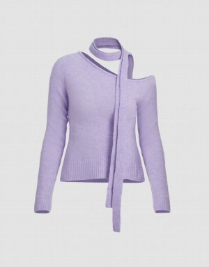 Urban Revivo One Shoulder Knitted Women's Cardigan Purple | CKHDZVJ-38