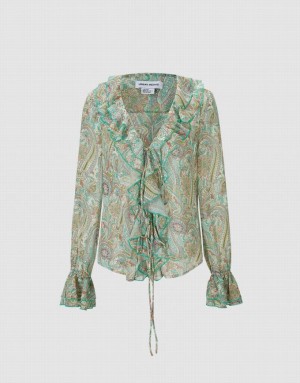 Urban Revivo Paisley Print Ruffled Women's Shirts Green | BOHFQEU-42