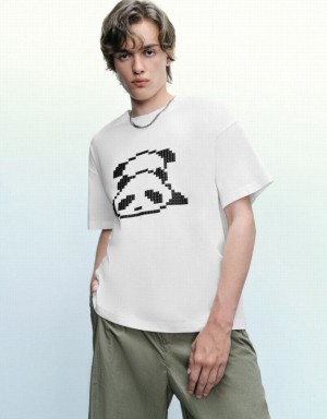 Urban Revivo Panda Printed Crew Neck Men's T-Shirts White | GSOBTNV-35