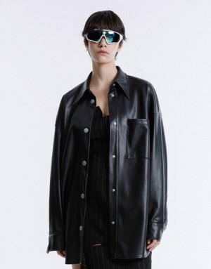 Urban Revivo Patch Pocket Faux Leather Women's Shirts Black | PNSIGMZ-67