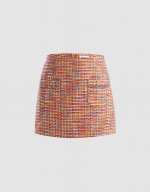 Urban Revivo Patched Pocket Tweed Women's Skirts Orange | NPUOCAT-82