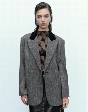 Urban Revivo Peak Lapel Double Breasted Women's Blazers Grey | VMXAEUF-67