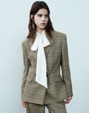 Urban Revivo Peak Lapel Plaid Women's Blazers Green | DOFGKCQ-40