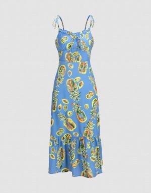 Urban Revivo Pineapple Print Tie Strap Ruffle Hem Cami Women's Dress Blue | NMOGJAX-63