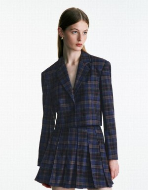 Urban Revivo Plaid Cropped Women's Blazers Blue | ARNXLUB-51