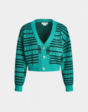 Urban Revivo Plaid Pattern Drop Shoulder Crop Knit Women's Cardigan Light Green | SKIABFN-73