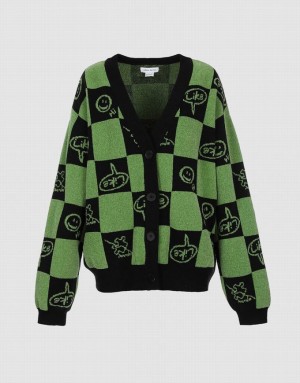 Urban Revivo Plaid Smile Face Button Up Women's Cardigan Green | FSXOWHJ-76