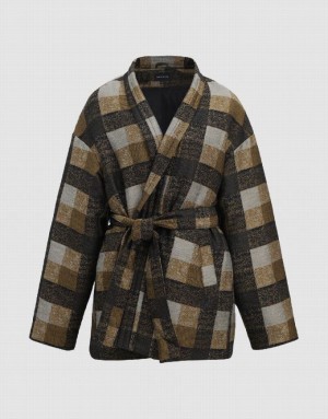 Urban Revivo Plaid With Belt Women's Down Jackets Khaki | YSOJPWK-78