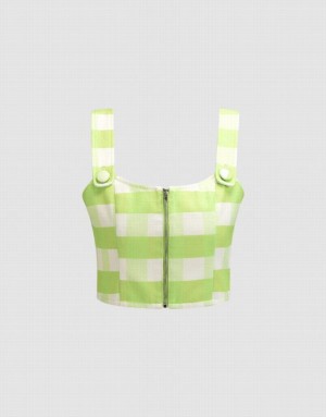 Urban Revivo Plaid Zip Front Cami Crop Top Women's Shirts Green | HIZNJKS-86