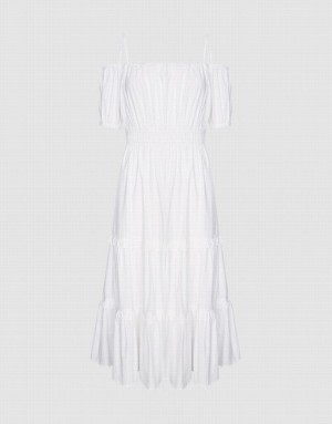 Urban Revivo Plain Cold Shoulder Tiered Midi Women's Midi Dress White | UFGKBYH-67