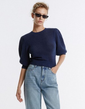 Urban Revivo Plain Cropped Women's Sweaters Navy | ZTQPBOH-94