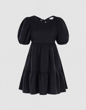 Urban Revivo Plain Puff Sleeve Ruffle Hem Women's Casual Dress Black | RXGCBWO-37