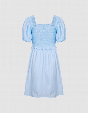 Urban Revivo Plain Shirred Puff Sleeve Women's Casual Dress Blue | LCBSIPW-08