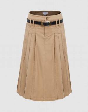 Urban Revivo Pleated Midi A-Line Women's Skirts Khaki | BEYCOUL-05