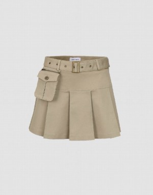 Urban Revivo Pleated Mini A-Line With Belt Women's Skirts Khaki | VTAPJIR-27