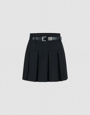 Urban Revivo Pleated Mini A-Line With Belt Women's Skirts Black | PQRXWVO-09