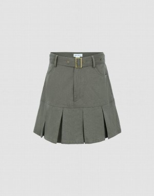 Urban Revivo Pleated Mini A-Line With Belt Women's Skirts Green | EAFCLJS-76