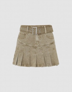 Urban Revivo Pleated Mini A-Line Women's Denim Skirt Khaki | YUWDJRP-03