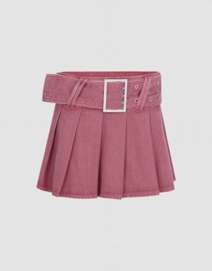 Urban Revivo Pleated Mini A-Line Women's Denim Skirt Pink | ICTJRNM-39